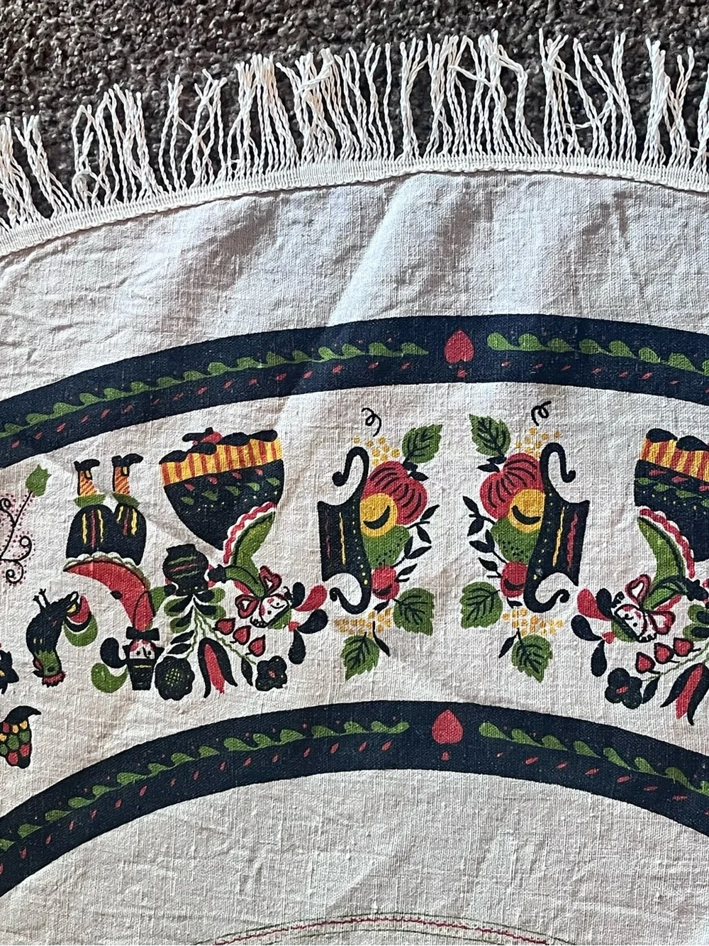 Set of 2 1950s tablecloths Pennsylvania PA Dutch Folk Art 56” Round & floral sq